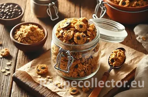 A rustic breakfast table with a jar and bowl of golden brown cookie crumble granola, featuring visible cookie chunks and oats on parchment.