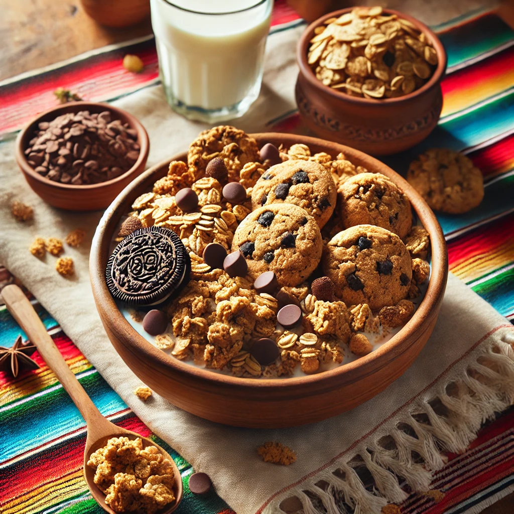and indulgent breakfast setting featuring Cookie Crumble Granola served in a rustic bowl. The granola includes chunks of cookies, oats, and chocolate chips, placed on a bright Mexican-style tablecloth. The scene is accompanied by a glass of milk, a small dish of cookie crumbles, and a wooden spoon, illuminated by bright natural light for a cozy and inviting atmosphere.