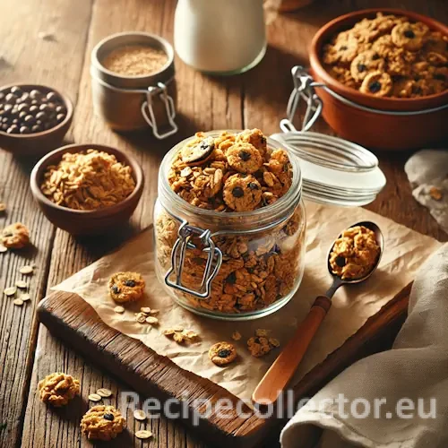 A rustic breakfast table with a jar and bowl of golden brown cookie crumble granola, featuring visible cookie chunks and oats on parchment.