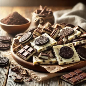 A plate of cookies and cream bark with a creamy white chocolate base mixed with crushed chocolate sandwich cookies on a rustic wooden table. Some pieces are broken apart to reveal crunchy cookie chunks, with extra cookie crumbles and chocolate shavings scattered around. A cozy napkin and wooden plate enhance the warm, inviting atmosphere.