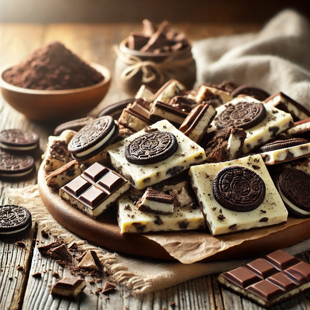 A plate of cookies and cream bark with a creamy white chocolate base mixed with crushed chocolate sandwich cookies on a rustic wooden table. Some pieces are broken apart to reveal crunchy cookie chunks, with extra cookie crumbles and chocolate shavings scattered around. A cozy napkin and wooden plate enhance the warm, inviting atmosphere.