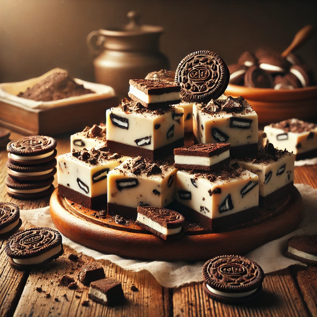 A rustic presentation of cookies and cream fudge, elegantly arranged on a wooden table. The fudge is cut into smooth, creamy squares with a white chocolate base swirled with crushed chocolate cookies. Some pieces are stacked neatly on a wooden cutting board, while others are scattered to showcase the rich texture. Crushed cookie crumbs and whole cookies garnish the display. Soft natural lighting enhances the warm and inviting feel, with gentle shadows and a hint of rustic charm in the background.