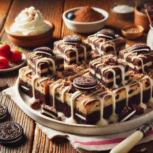 A beautifully plated batch of Cookies 'n Creme Brownies served on a rustic wooden table. The brownies are rich and fudgy, layered with crushed cookies and topped with a creamy white chocolate drizzle. Garnished with extra cookie crumbles and arranged on a white ceramic plate. Served with a side of whipped cream and fresh berries. The warm wooden table is more visible, providing a cozy and inviting setting.