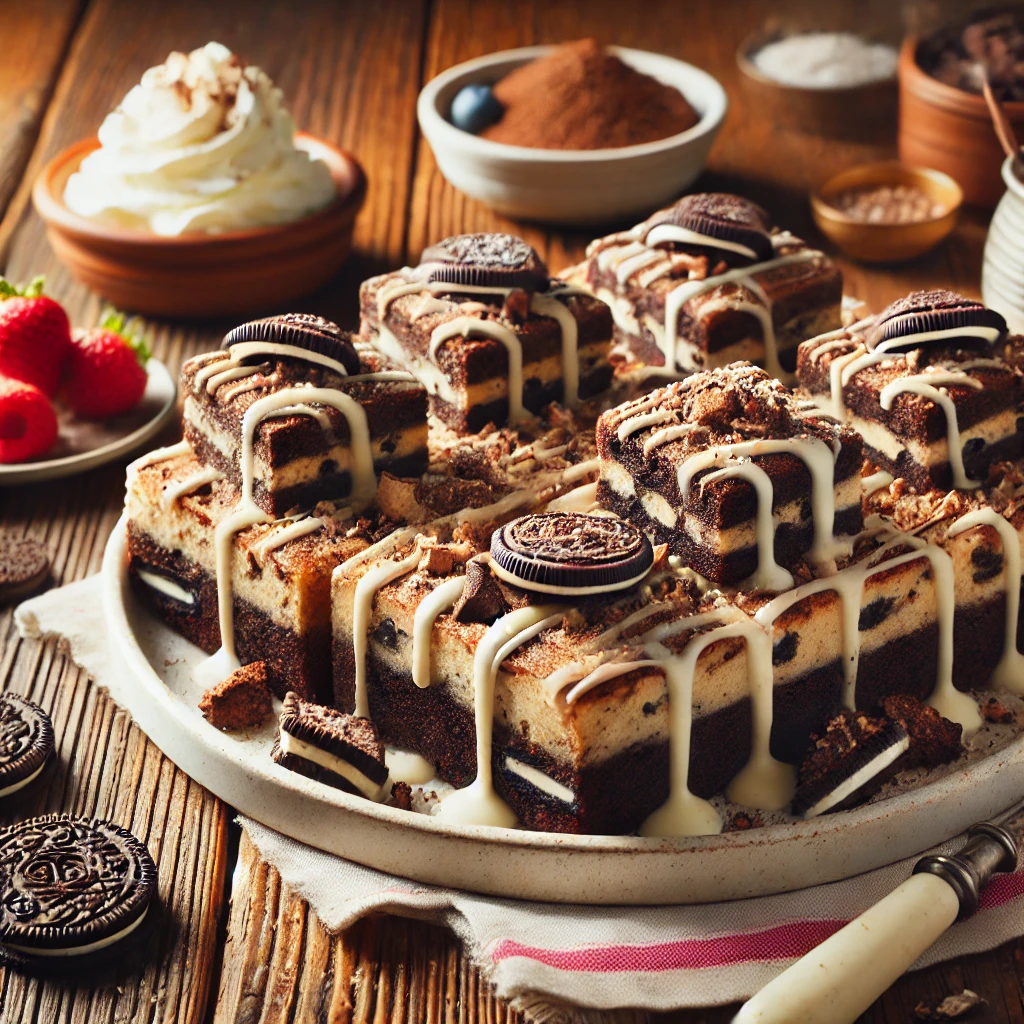 A beautifully plated batch of Cookies 'n Creme Brownies served on a rustic wooden table. The brownies are rich and fudgy, layered with crushed cookies and topped with a creamy white chocolate drizzle. Garnished with extra cookie crumbles and arranged on a white ceramic plate. Served with a side of whipped cream and fresh berries. The warm wooden table is more visible, providing a cozy and inviting setting.
