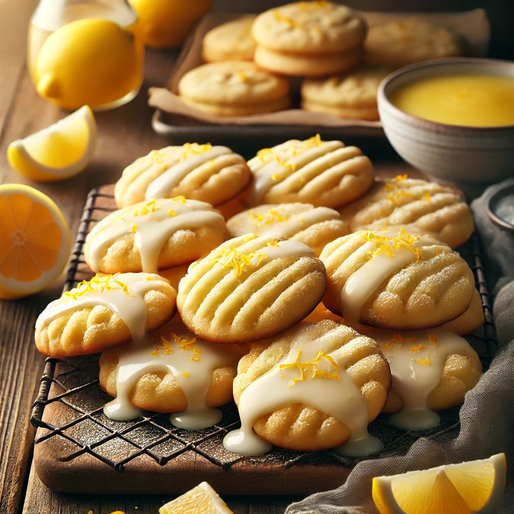 A batch of freshly baked Cool Lemon Cookies with a light golden color and a soft, slightly chewy texture. The cookies are infused with fresh lemon zest and drizzled with a delicate lemon glaze. They are arranged on a rustic wooden table, with some stacked and others cooling on a wire rack. A small bowl of lemon glaze, fresh lemon slices, and a dusting of powdered sugar complete the bright and inviting presentation. Warm, natural lighting enhances the fresh, homemade feel.