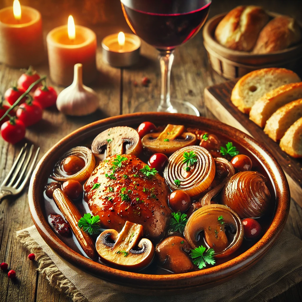 Coq au Vin in a rustic ceramic bowl, featuring braised chicken slow-cooked in a rich red wine sauce with pearl onions, mushrooms, garlic, and bacon. Garnished with parsley, set on a wooden table with crusty French bread and a glass of red wine in the softly blurred background.