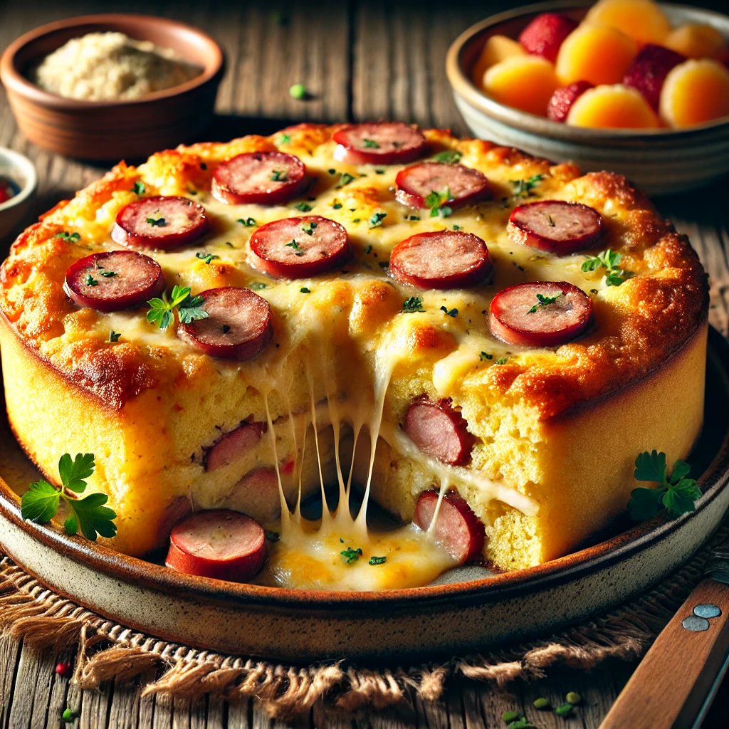 A beautifully plated Cornbread Sausage Strata, golden and fluffy with layers of cornbread, savory Italian sausage, and melted Colby cheese. The top is slightly crisp, with cheese bubbling over the edges. The dish is served on a rustic ceramic plate, garnished with fresh herbs. A side of fresh fruit salad sits nearby for a refreshing contrast. The plate rests on a rustic wooden table, with soft, warm lighting enhancing the cozy and inviting presentation.