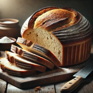 A freshly baked cottage loaf on a rustic wooden table, featuring a distinctive two-tiered round shape with a deep golden-brown, crusty exterior. The top tier is slightly smaller and stacked on the larger bottom tier, with a dusting of flour on top. A few slices are cut to reveal the soft, airy interior. The loaf rests on a wooden cutting board, with a serrated bread knife and scattered flour adding to the homemade charm. Soft natural lighting enhances the warm, inviting tones.