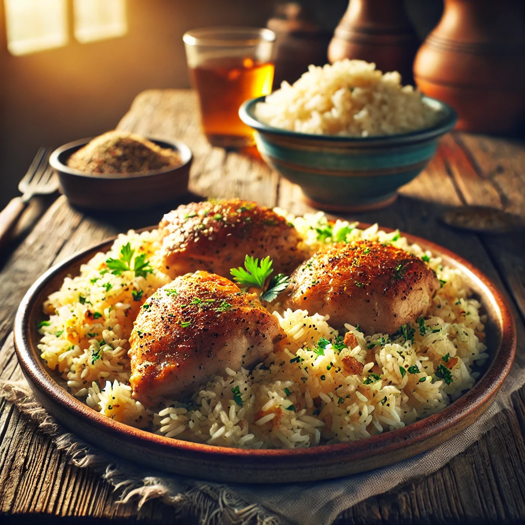 Country Style Chicken and Rice on a rustic ceramic plate, featuring seasoned chicken thighs over fluffy, buttery rice cooked with onions, garlic, and herbs. Garnished with parsley, set on a wooden table with a bowl of extra rice and a glass of sweet tea in the softly blurred background.