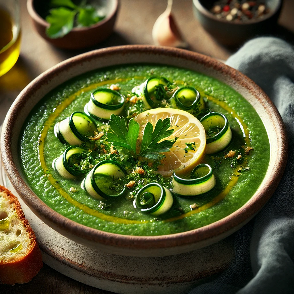 A beautifully plated bowl of Courgette Soup with Gremolata, featuring a smooth, velvety green soup made from fresh courgettes, gently simmered and blended to perfection. The soup is served in a rustic ceramic bowl, garnished with a vibrant gremolata made of finely chopped parsley, garlic, and lemon zest. The bowl rests on a wooden table with soft, natural lighting highlighting the fresh and comforting dish.