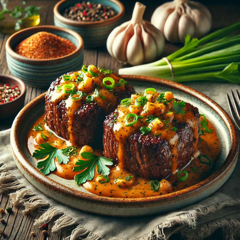 Cube steak topped with a rich, golden cowboy sauce made from garlic, scallions, parsley, and horseradish. The steak is served on a rustic ceramic plate, garnished with fresh herbs, and set on a wooden table surrounded by small bowls of ingredients. The warm lighting highlights the savory texture of the steak and the creamy, flavorful sauce for an appetizing presentation.
