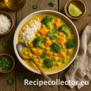 A warm bowl of golden coconut curry filled with chickpeas, sweet potato cubes, broccoli, and green peas, served with rice and garnished with cilantro, set on a rustic wooden table with lime and herbs on the side.