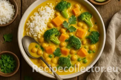 A warm bowl of golden coconut curry filled with chickpeas, sweet potato cubes, broccoli, and green peas, served with rice and garnished with cilantro, set on a rustic wooden table with lime and herbs on the side.