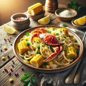 Crab and Corn Pasta on a rustic ceramic plate, featuring al dente pasta in a garlic butter sauce with sweet corn and lump crab meat. Garnished with parsley, red pepper flakes, and Parmesan, set on a wooden table with lemon wedges and a glass of white wine in the softly blurred background.