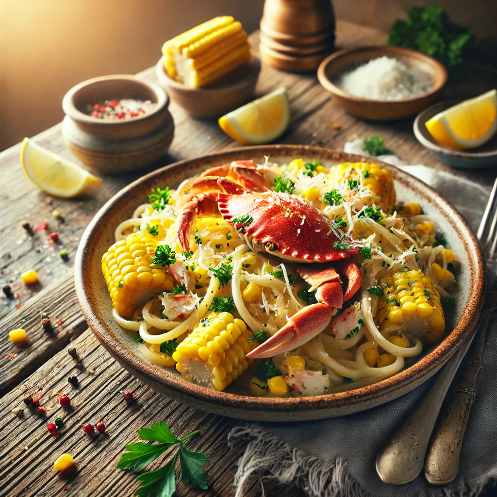 Crab and Corn Pasta on a rustic ceramic plate, featuring al dente pasta in a garlic butter sauce with sweet corn and lump crab meat. Garnished with parsley, red pepper flakes, and Parmesan, set on a wooden table with lemon wedges and a glass of white wine in the softly blurred background.