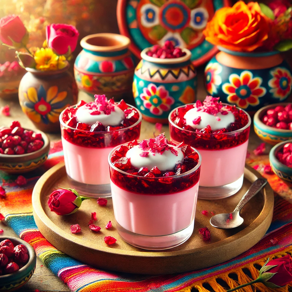 Small glass cups of cranberry panna cotta with a smooth, pinkish-red hue, each topped with a dollop of plain yogurt and candied rose petals. The setting is vibrant, featuring colorful Mexican pottery and woven textiles, with decorative flowers on a rustic wooden table. Warm natural light enhances the inviting colors and textures, creating a lively, festive atmosphere.