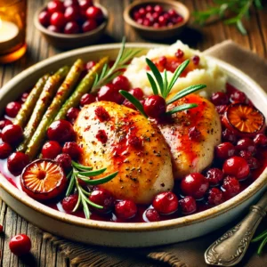 A beautifully plated dish of Cranberry Chicken served on a rustic wooden table. The dish features tender, oven-baked chicken breasts coated in a tangy and slightly sweet cranberry sauce with hints of orange zest and rosemary. Garnished with fresh cranberries and sprigs of rosemary. Served in a white ceramic dish with a side of roasted vegetables or mashed potatoes. The warm wooden table is more visible, providing a cozy and inviting setting.