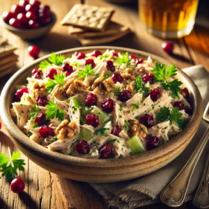 Cranberry Chicken Salad in a rustic ceramic bowl, featuring shredded chicken mixed with dried cranberries, crunchy celery, and toasted walnuts in a creamy dressing. Garnished with parsley, set on a wooden table with whole-grain crackers and a glass of iced tea in the softly blurred background.