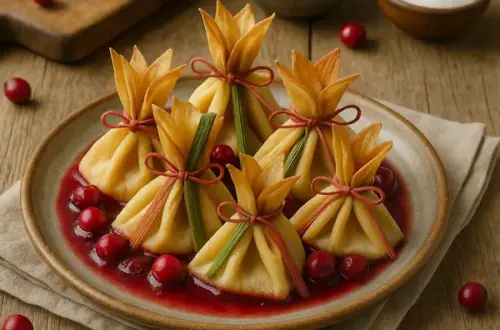 A rustic plate of golden cranberry crepe pouches tied with vegetable ribbons, served with vibrant cranberry sauce and fresh cranberries on a wooden table with natural light, styled for a cozy, real-life food presentation.