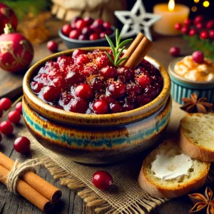 A vibrant and festive presentation of Cranberry Ginger Sauce served in a rustic ceramic bowl, garnished with fresh cranberries and a hint of grated ginger, surrounded by artisan bread slices and a dollop of cinnamon cream cheese, set on a wooden table with holiday-themed decorations and warm ambient lighting.