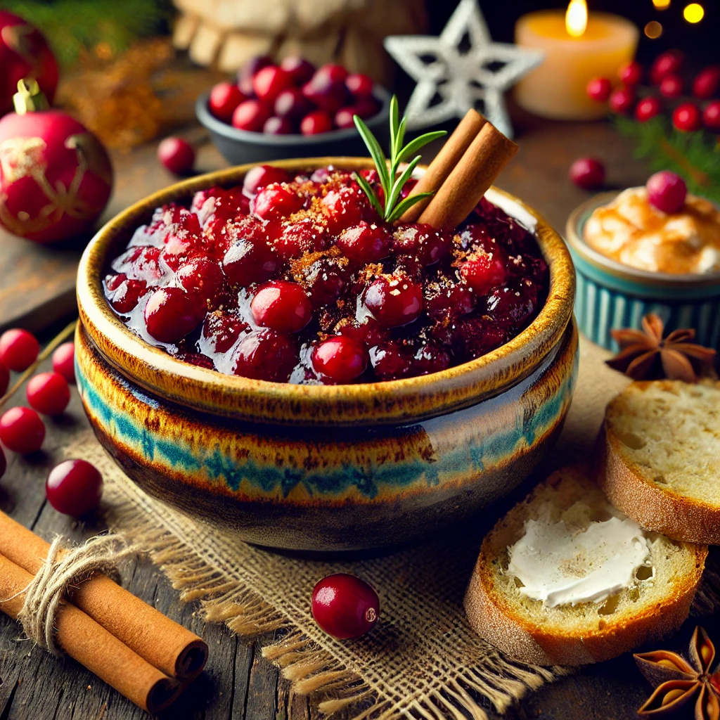 A vibrant and festive presentation of Cranberry Ginger Sauce served in a rustic ceramic bowl, garnished with fresh cranberries and a hint of grated ginger, surrounded by artisan bread slices and a dollop of cinnamon cream cheese, set on a wooden table with holiday-themed decorations and warm ambient lighting.