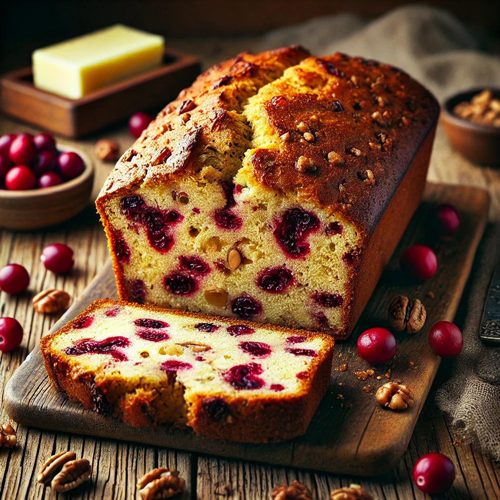 A freshly baked Cranberry Nut Quick Bread with a golden-brown crust and a moist, dense interior speckled with tart cranberries and crunchy nuts. The loaf has a rustic, artisanal appearance with a slightly cracked surface. It rests on a wooden cutting board atop a rustic wooden table, with a few slices cut to reveal its vibrant cranberry-studded crumb. A small dish of butter, fresh cranberries, and scattered nuts complete the cozy presentation. Warm, natural lighting enhances the inviting, homemade feel.