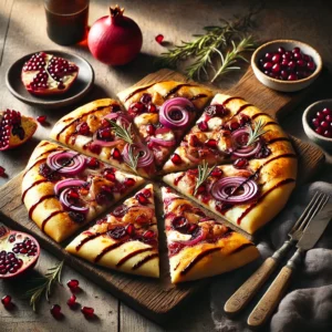 A rustic presentation of cranberry, pomegranate, and caramelized onion flatbread, elegantly arranged on a wooden table. The flatbread has a golden, crispy crust topped with sweet-tart cranberries, juicy pomegranate seeds, and rich caramelized onions. A drizzle of balsamic glaze and crumbled goat cheese add extra depth of flavor. A few slices are cut and placed on a wooden cutting board, showcasing the vibrant toppings. Scattered around are fresh rosemary sprigs, extra cranberries, and a small dish of balsamic glaze. Soft natural lighting enhances the warm and inviting feel, with gentle shadows and a hint of rustic kitchen elements in the background.