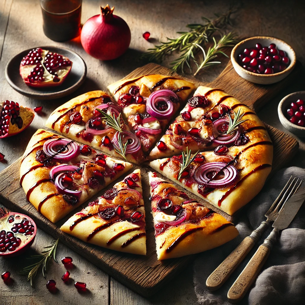 A rustic presentation of cranberry, pomegranate, and caramelized onion flatbread, elegantly arranged on a wooden table. The flatbread has a golden, crispy crust topped with sweet-tart cranberries, juicy pomegranate seeds, and rich caramelized onions. A drizzle of balsamic glaze and crumbled goat cheese add extra depth of flavor. A few slices are cut and placed on a wooden cutting board, showcasing the vibrant toppings. Scattered around are fresh rosemary sprigs, extra cranberries, and a small dish of balsamic glaze. Soft natural lighting enhances the warm and inviting feel, with gentle shadows and a hint of rustic kitchen elements in the background.