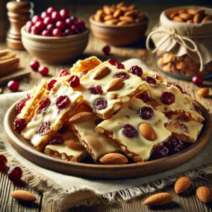 A plate of cranberry white chocolate brittle with a golden, caramelized base filled with dried cranberries and crunchy almonds, coated in smooth white chocolate on a rustic wooden table. Some pieces are broken apart to reveal the crisp, nutty texture, with whole cranberries and almond slivers scattered around. A cozy napkin and wooden plate enhance the warm, inviting atmosphere.