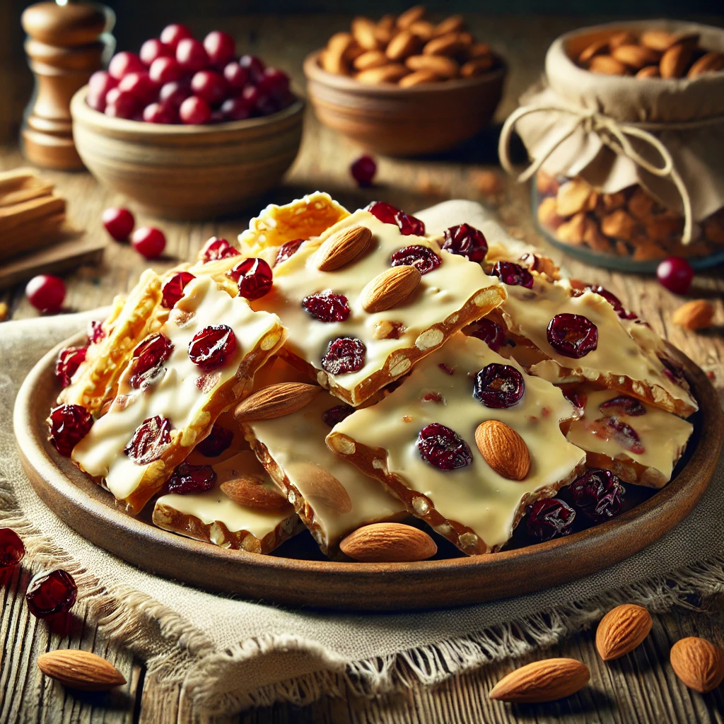 A plate of cranberry white chocolate brittle with a golden, caramelized base filled with dried cranberries and crunchy almonds, coated in smooth white chocolate on a rustic wooden table. Some pieces are broken apart to reveal the crisp, nutty texture, with whole cranberries and almond slivers scattered around. A cozy napkin and wooden plate enhance the warm, inviting atmosphere.