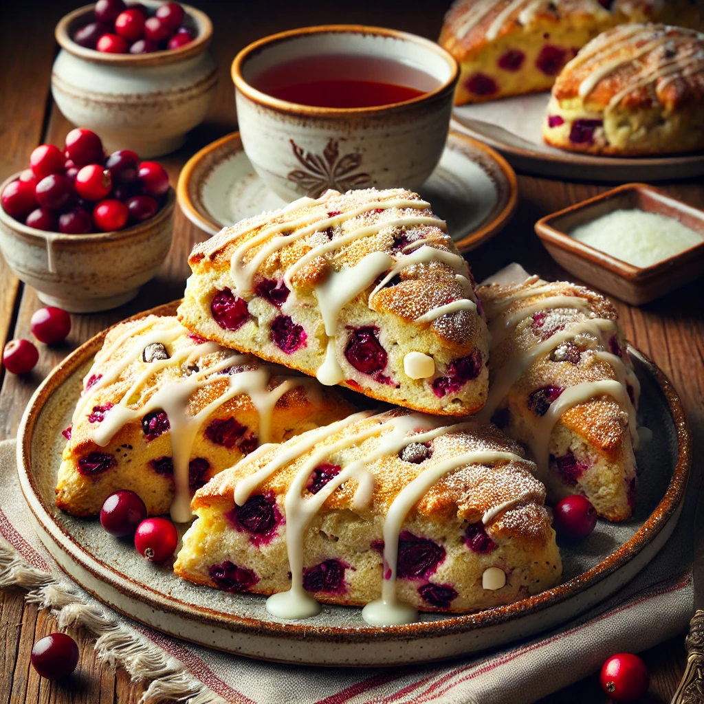 A beautifully plated batch of Cranberry and White Chocolate Scones, featuring golden-brown, flaky scones studded with tart red cranberries and creamy white chocolate chips. The scones have a slightly crisp exterior with a soft, buttery interior. Garnished with a light dusting of powdered sugar and drizzled with a delicate white chocolate glaze, they are served on a rustic ceramic plate. Accompanied by a warm cup of tea and fresh cranberries on the side, the setting rests on a wooden table with soft, natural lighting enhancing the cozy and inviting presentation.