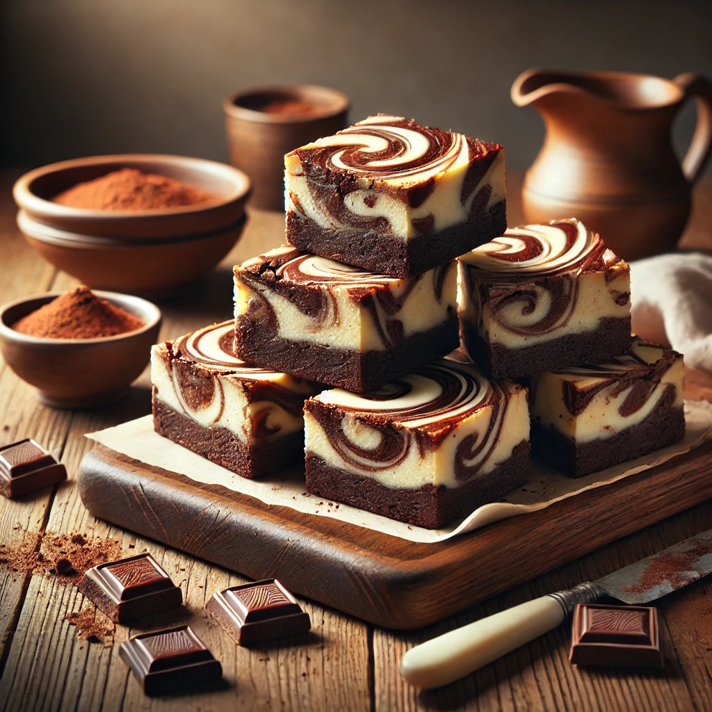 A rustic presentation of cream cheese swirl brownies, elegantly arranged on a wooden table. The brownies have a rich, fudgy chocolate base with luscious cream cheese swirls creating a marbled effect. Some brownies are stacked on a wooden cutting board, while others are cut into squares to showcase the creamy, smooth texture. Scattered around are chocolate chunks, cocoa powder, and a drizzle of melted chocolate. Soft natural lighting enhances the warm and inviting feel, with gentle shadows and a hint of greenery in the background.