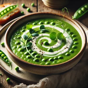 A beautifully plated bowl of Cream of Leek & Pea Soup, featuring a smooth, vibrant green soup made from tender leeks and sweet peas blended to perfection. The soup is served in a rustic ceramic bowl, garnished with a swirl of cream, fresh pea shoots, and a sprinkle of black pepper. The rich, velvety texture contrasts with the delicate toppings. Accompanied by a slice of crusty bread on the side, the bowl rests on a wooden table with soft, natural lighting enhancing the fresh and comforting presentation.