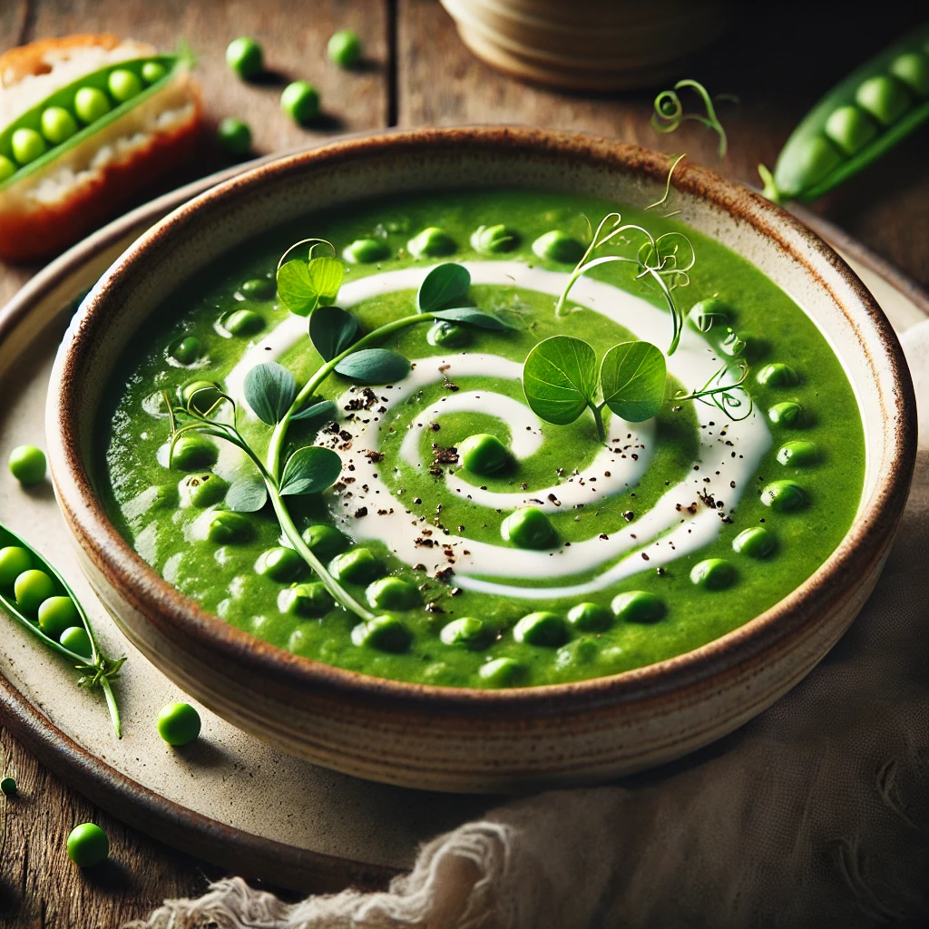 A beautifully plated bowl of Cream of Leek & Pea Soup, featuring a smooth, vibrant green soup made from tender leeks and sweet peas blended to perfection. The soup is served in a rustic ceramic bowl, garnished with a swirl of cream, fresh pea shoots, and a sprinkle of black pepper. The rich, velvety texture contrasts with the delicate toppings. Accompanied by a slice of crusty bread on the side, the bowl rests on a wooden table with soft, natural lighting enhancing the fresh and comforting presentation.