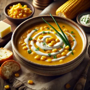 A beautifully plated bowl of Cream of Sweetcorn Soup, featuring a smooth, velvety golden-yellow soup made from sweetcorn blended with cream and mild seasonings. The soup is served in a rustic ceramic bowl, garnished with a swirl of cream, crispy golden corn kernels, and finely chopped fresh chives. The bowl rests on a wooden table with soft, natural lighting highlighting the warm and comforting dish.