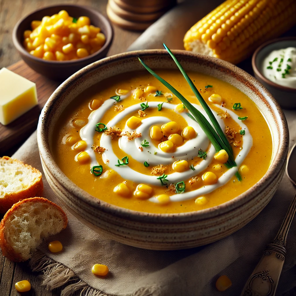 A beautifully plated bowl of Cream of Sweetcorn Soup, featuring a smooth, velvety golden-yellow soup made from sweetcorn blended with cream and mild seasonings. The soup is served in a rustic ceramic bowl, garnished with a swirl of cream, crispy golden corn kernels, and finely chopped fresh chives. The bowl rests on a wooden table with soft, natural lighting highlighting the warm and comforting dish.