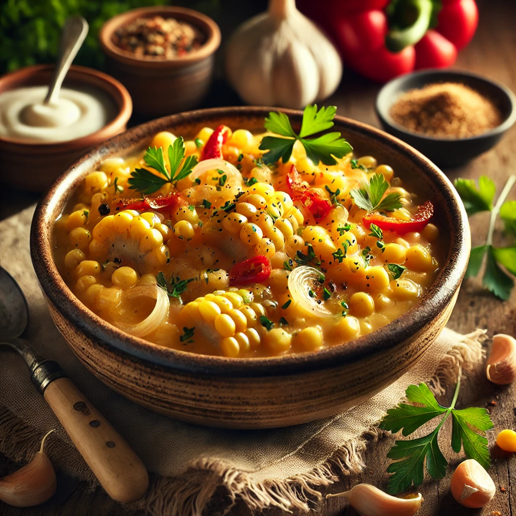 A rustic ceramic bowl filled with creamy corn mixed with garlic, caramelized onions, and diced red peppers, garnished with parsley and black pepper, set on a wooden table with cream and fresh parsley in the background.