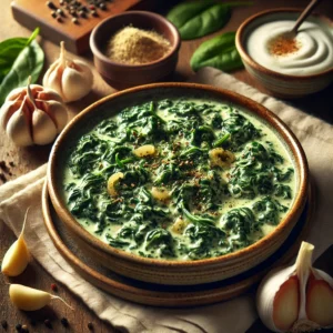 A rustic bowl of Creamed Spinach with sautéed garlic and onions in a rich cream sauce, garnished with nutmeg and black pepper, set on a wooden table with cream and garlic cloves in the background.