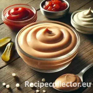 Photorealistic image of a smooth, orange-pink burger sauce in a glass bowl, surrounded by ingredients like ketchup, pickle relish, and mayo on a sturdy wooden table with warm, natural side lighting.