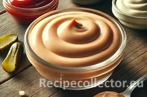 Photorealistic image of a smooth, orange-pink burger sauce in a glass bowl, surrounded by ingredients like ketchup, pickle relish, and mayo on a sturdy wooden table with warm, natural side lighting.