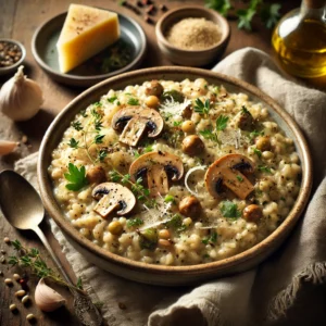 A ceramic bowl of creamy barley-sotto, cooked risotto-style with sautéed mushrooms, garlic, and thyme, garnished with vegan Parmesan, olive oil, and parsley, set on a wooden table with bread slices and a spoon nearby.