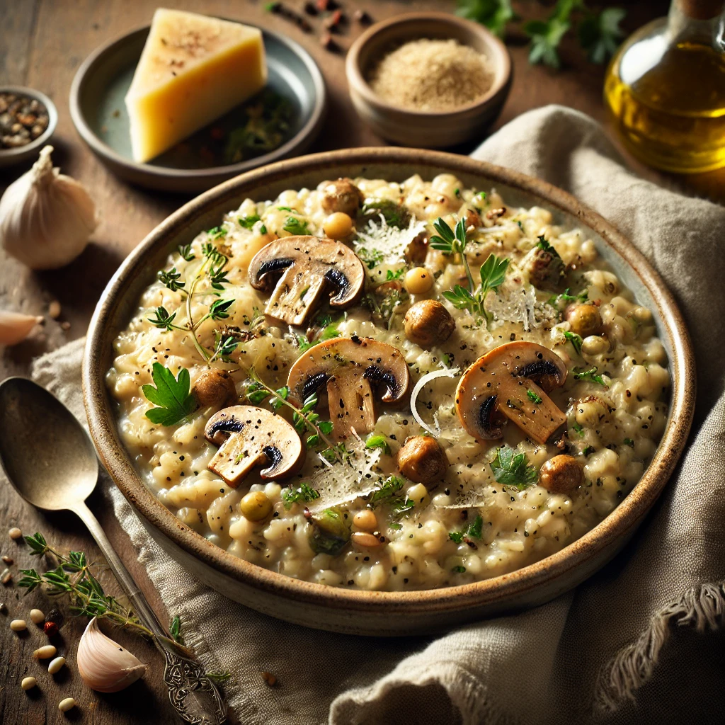 A ceramic bowl of creamy barley-sotto, cooked risotto-style with sautéed mushrooms, garlic, and thyme, garnished with vegan Parmesan, olive oil, and parsley, set on a wooden table with bread slices and a spoon nearby.