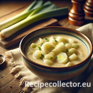 A rustic ceramic bowl filled with creamy boiled leeks in a savory vegetable broth, set on a wooden table with natural light and no visible text or labels.
