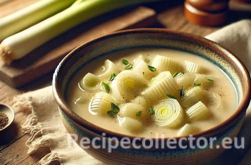 A rustic ceramic bowl filled with creamy boiled leeks in a savory vegetable broth, set on a wooden table with natural light and no visible text or labels.