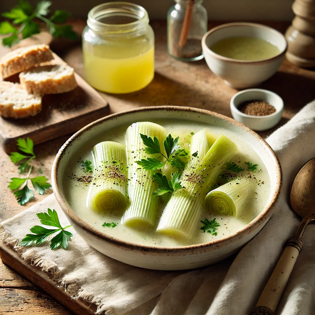 A white bowl of creamy boiled leeks in vegetable broth, garnished with parsley and black pepper, served on a rustic wooden table with crusty bread and a jar of broth in the background.