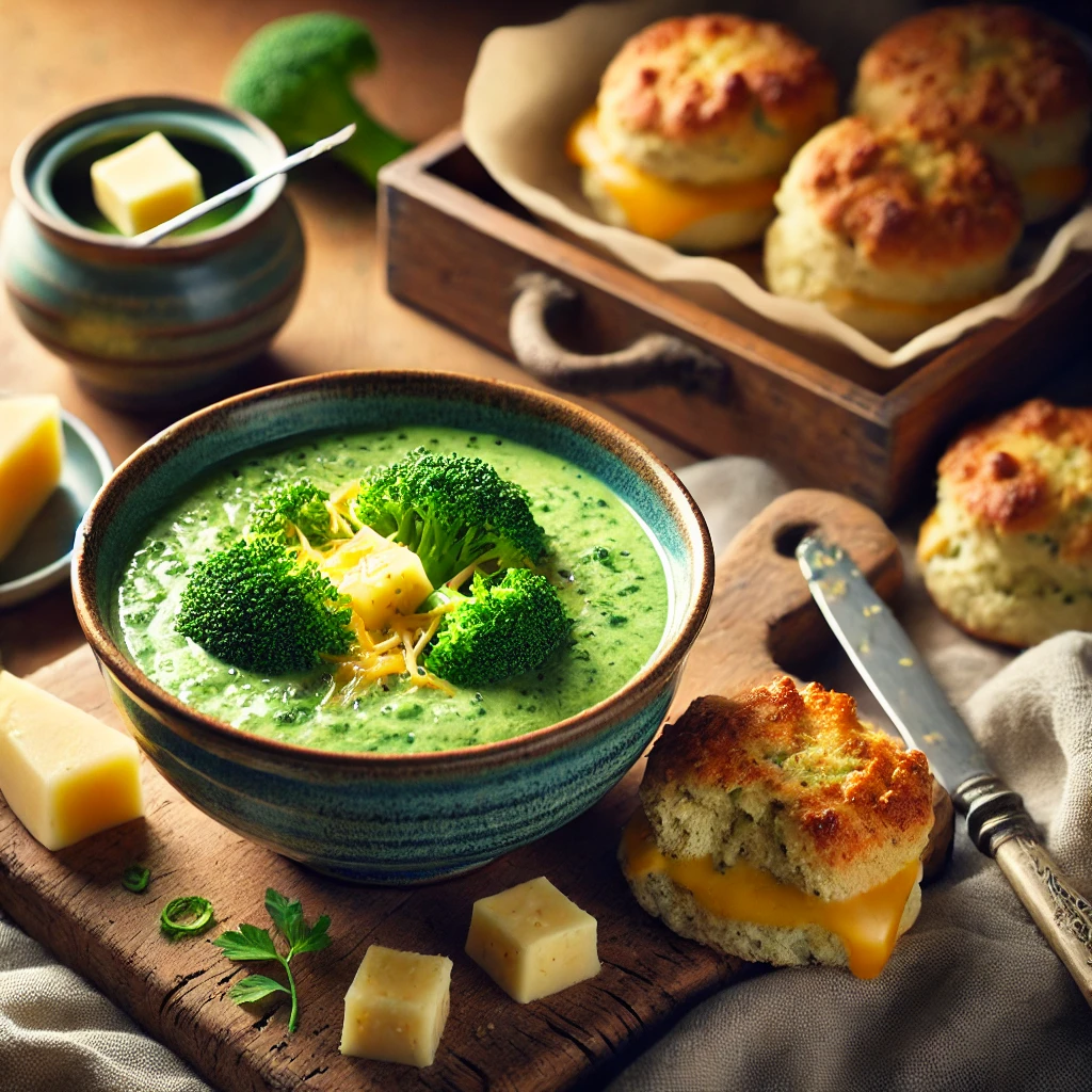 A cozy bowl of creamy Broccoli & Stilton Soup, vibrant green with crumbles of Stilton cheese melting on top, served in a rustic ceramic bowl on a wooden table. Next to it, golden-brown cheese scones with a flaky exterior and melted cheddar rest on a wooden board. The scene includes a linen napkin, a small dish of butter, and fresh herbs, with warm natural lighting enhancing the homemade feel.