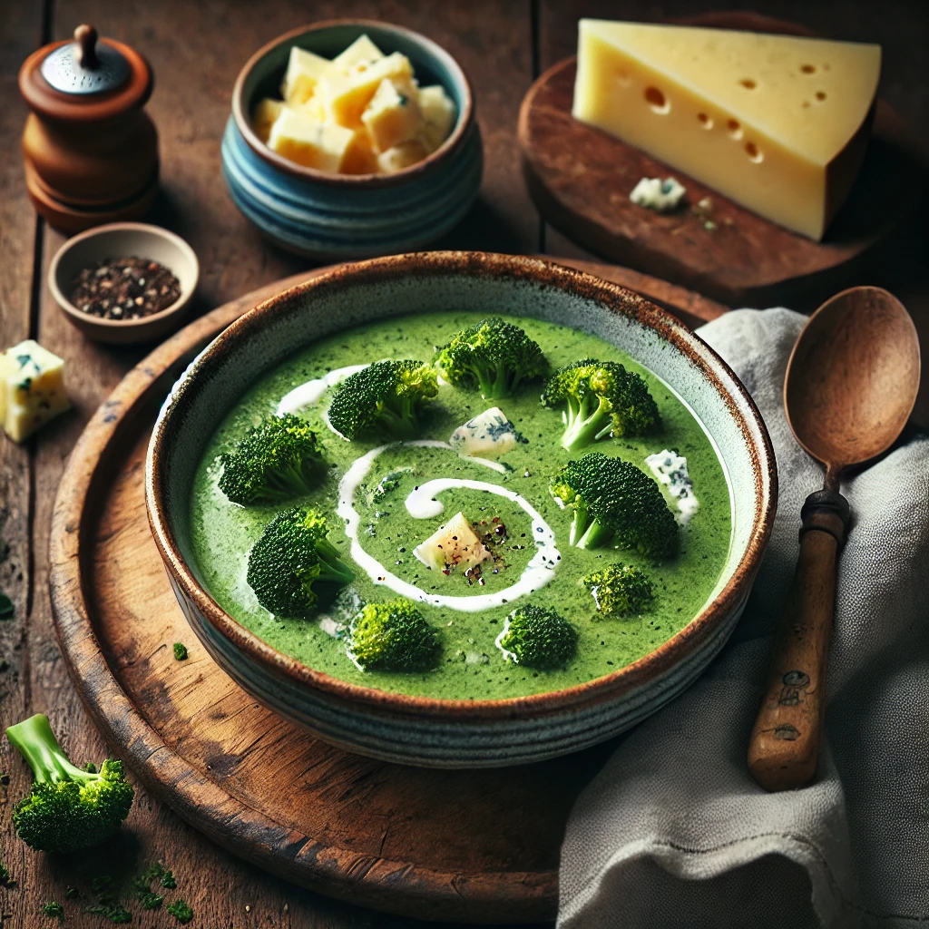 Broccoli & Stilton Soup served in an artisan ceramic bowl, creamy and vibrant green with small crumbles of Stilton cheese melting on the surface. A swirl of cream and a sprinkle of black pepper complete the dish, styled on a rustic wooden table with a linen napkin, wooden spoon, and a small dish of extra Stilton cheese.
