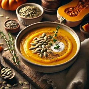 Velvety, golden-orange butternut squash soup infused with cumin, topped with crunchy toasted pumpkin seeds, a drizzle of cream, and garnished with fresh thyme.