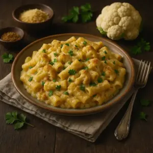A rustic ceramic plate filled with baked rigatoni in a creamy cauliflower sauce, topped with golden roasted cauliflower florets and parsley. The dish is warmly lit to highlight its textures, served on a dark wooden table with vintage cutlery and natural linen.