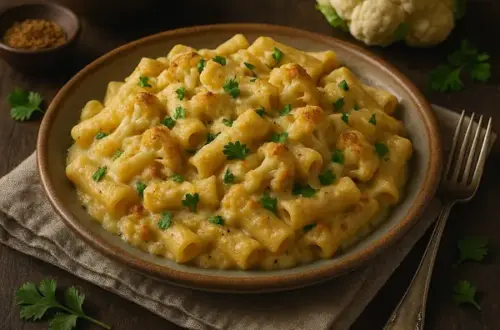 A rustic ceramic plate filled with baked rigatoni in a creamy cauliflower sauce, topped with golden roasted cauliflower florets and parsley. The dish is warmly lit to highlight its textures, served on a dark wooden table with vintage cutlery and natural linen.